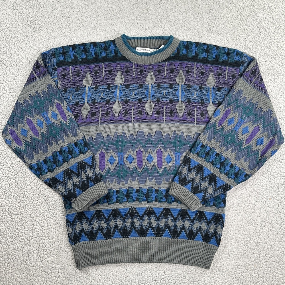 VTG 80s Saturdays Abstract Geometric Sweater Men Medium Vaporwave Mallwave